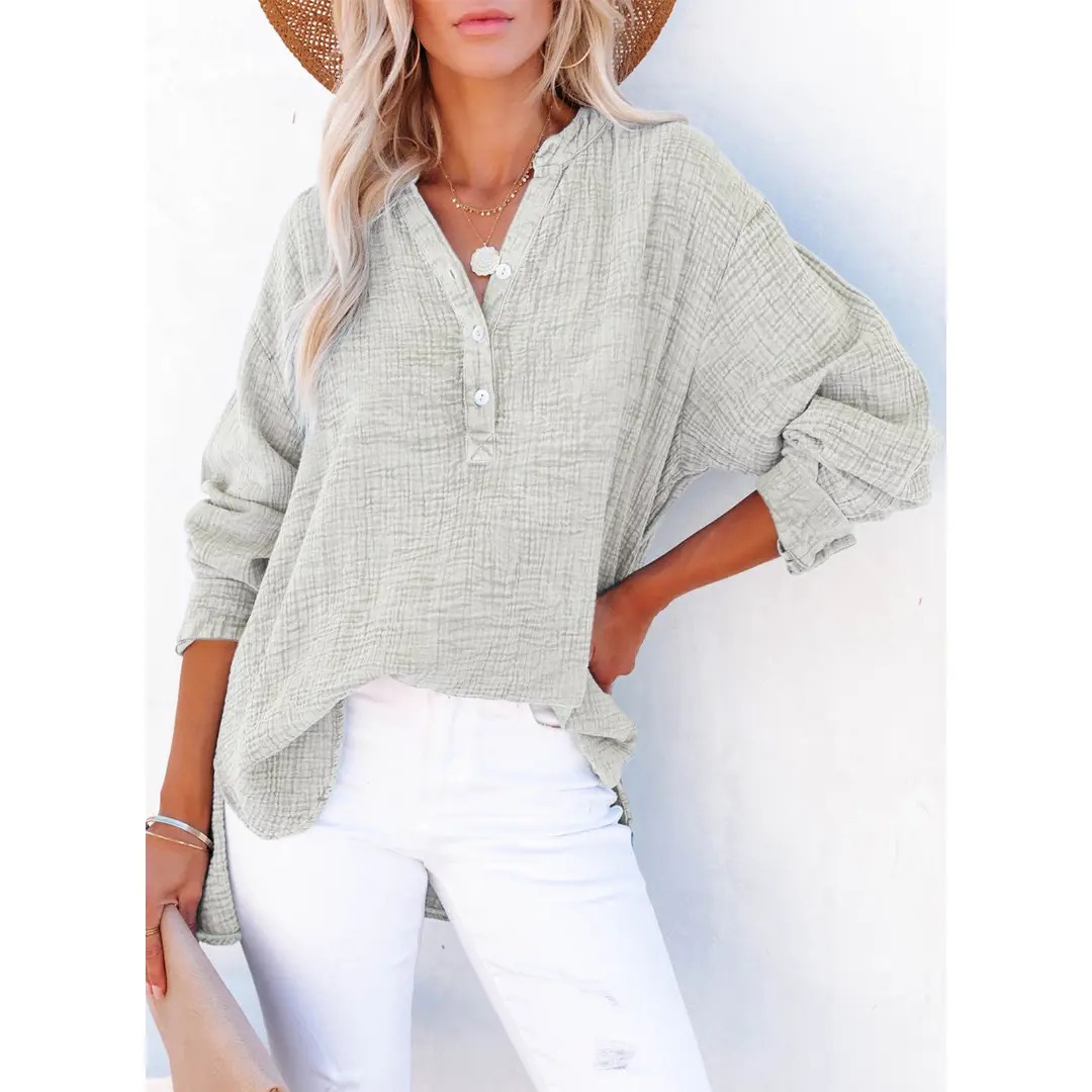 Women's Casual Button V Neck Long Sleeve Shirts Oversized Solid Blouses Tops 100% Cotton