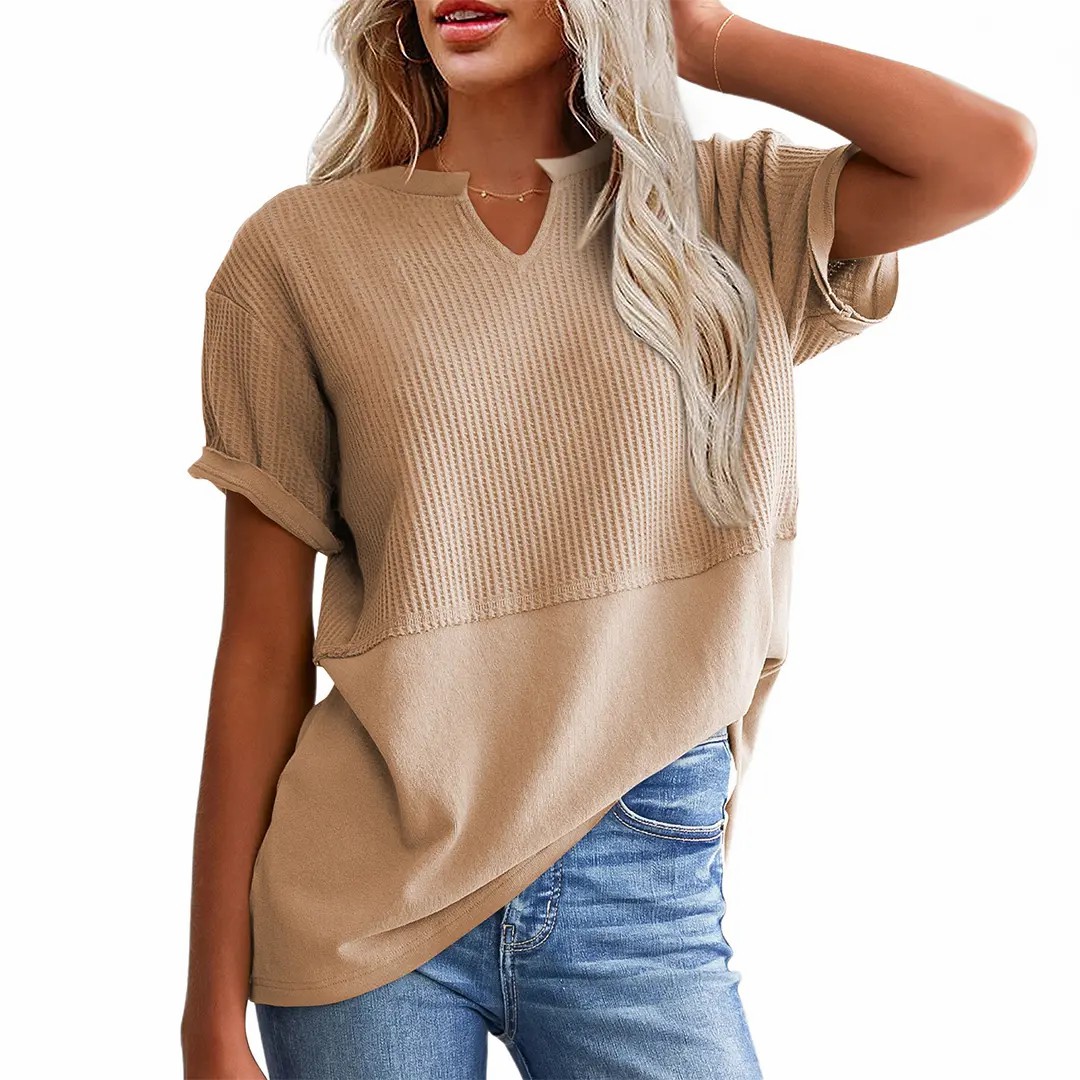 2026 Spring/Summer Cozy Oversized Waffle Knit V-Neck Short Sleeve Pullover Tunic