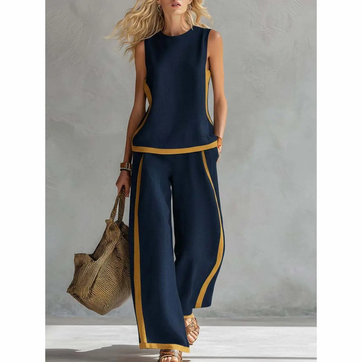 2026 Blend Two Piece Set for Women Sleeveless Color Block Top Wide Leg Pants Set Casual Summer Outfit