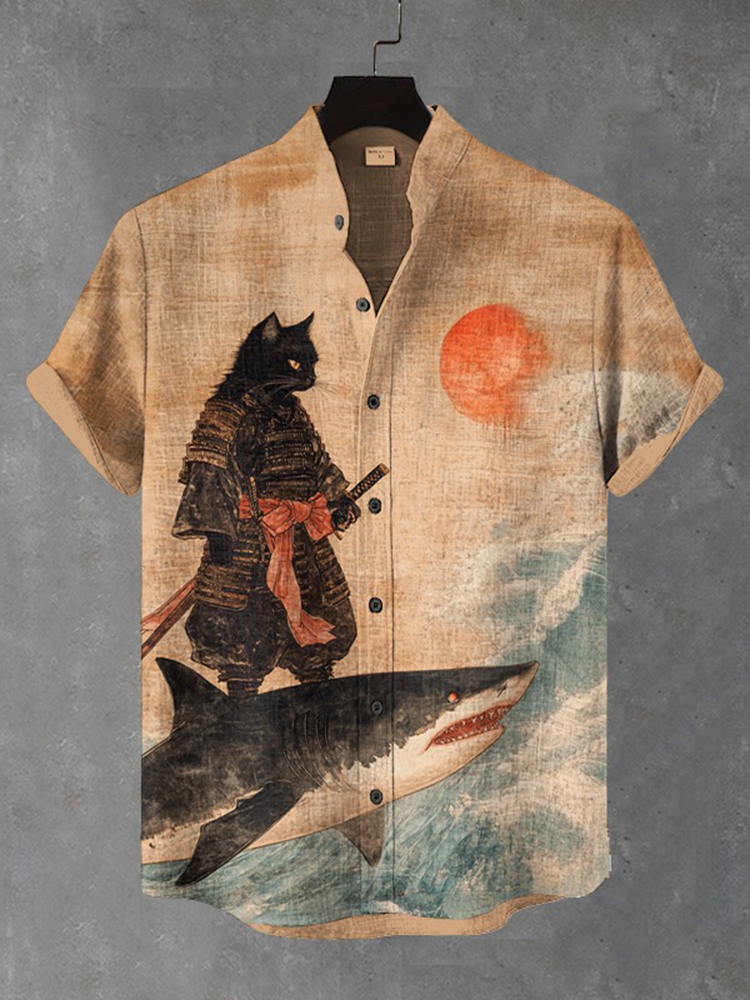 Men's Black Cat Samurai Surf Shark Art Print Shirt