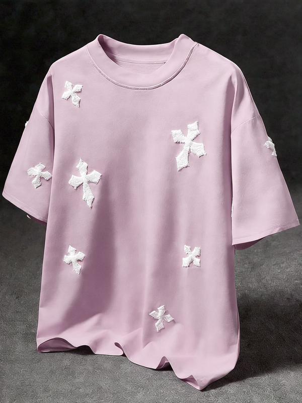 Men's Cross Stitch Embroidered Solid Color Round Neck T-Shirt