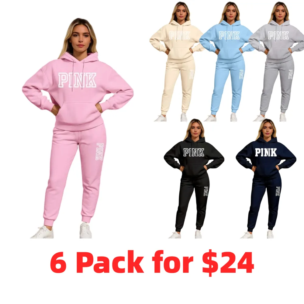 Women's Pink Print Hoodie And Drawstring Track Pants Set