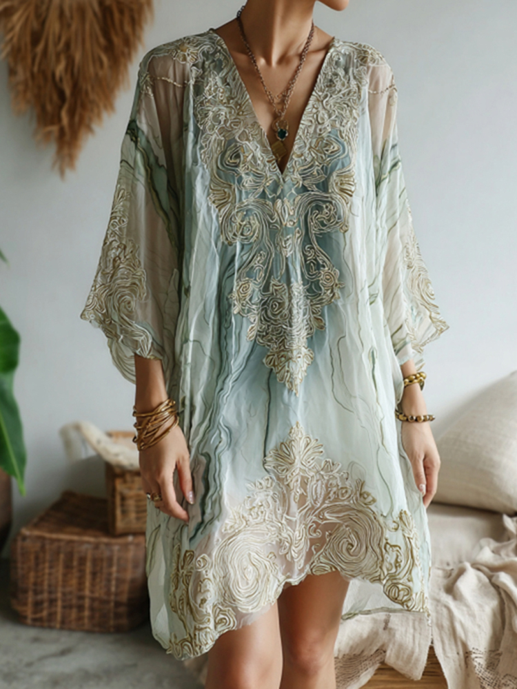 Vintage Marble Texture Collection Retro Bohemia Women Style Gradient Gilded Pattern Linen Dress