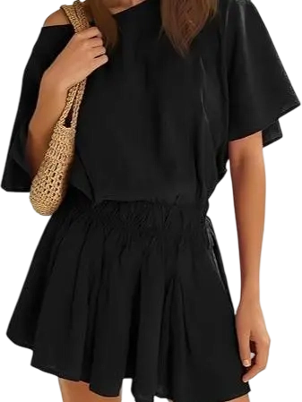 Women’s Casual 2 Piece Outfit Short Sleeve Loose Top and Flowy Mini Skirt Set for Summer Vacation Suits