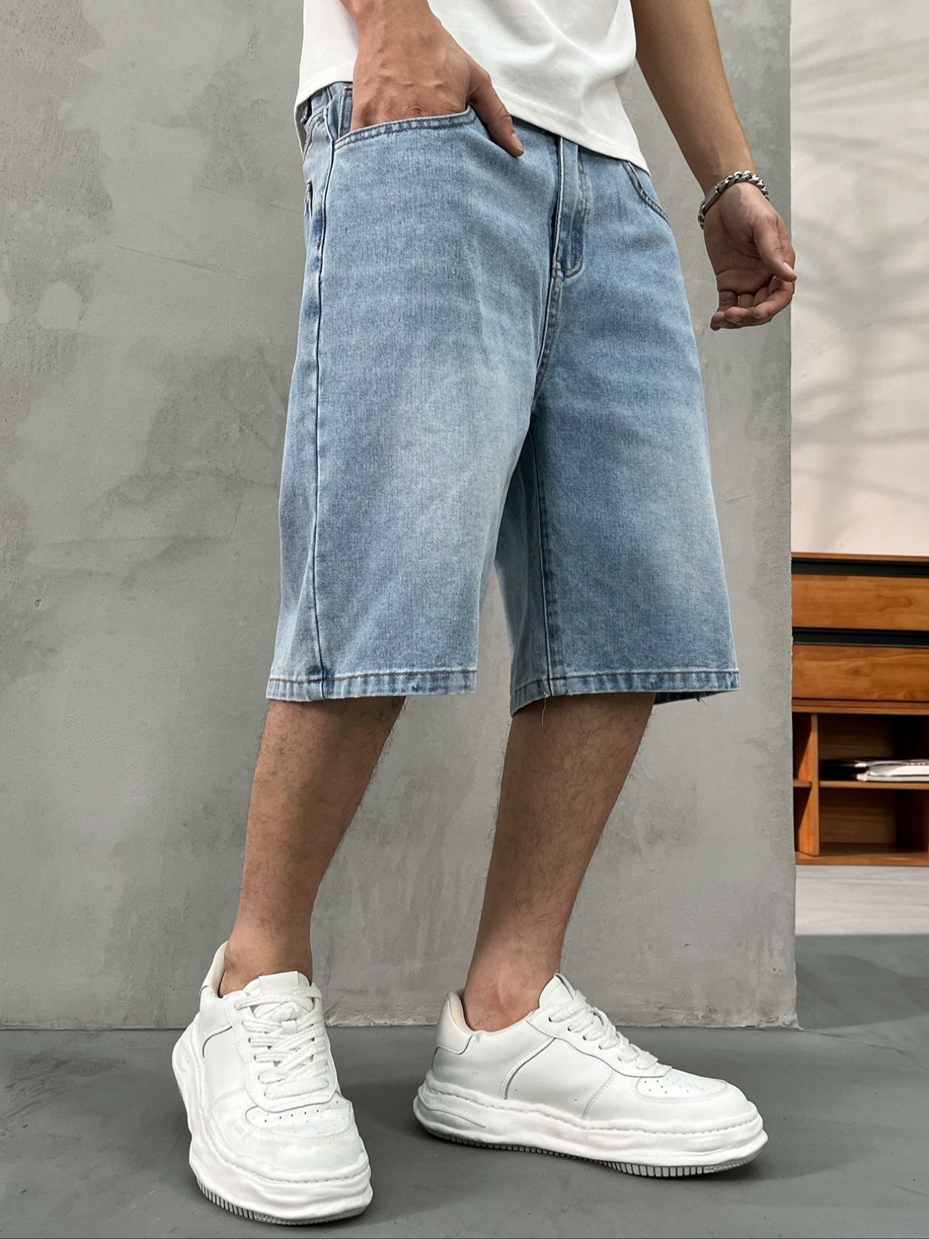 Men's washed retro color denim shorts, trendy, versatile, loose straight-leg casual streetwear denim five-point pants