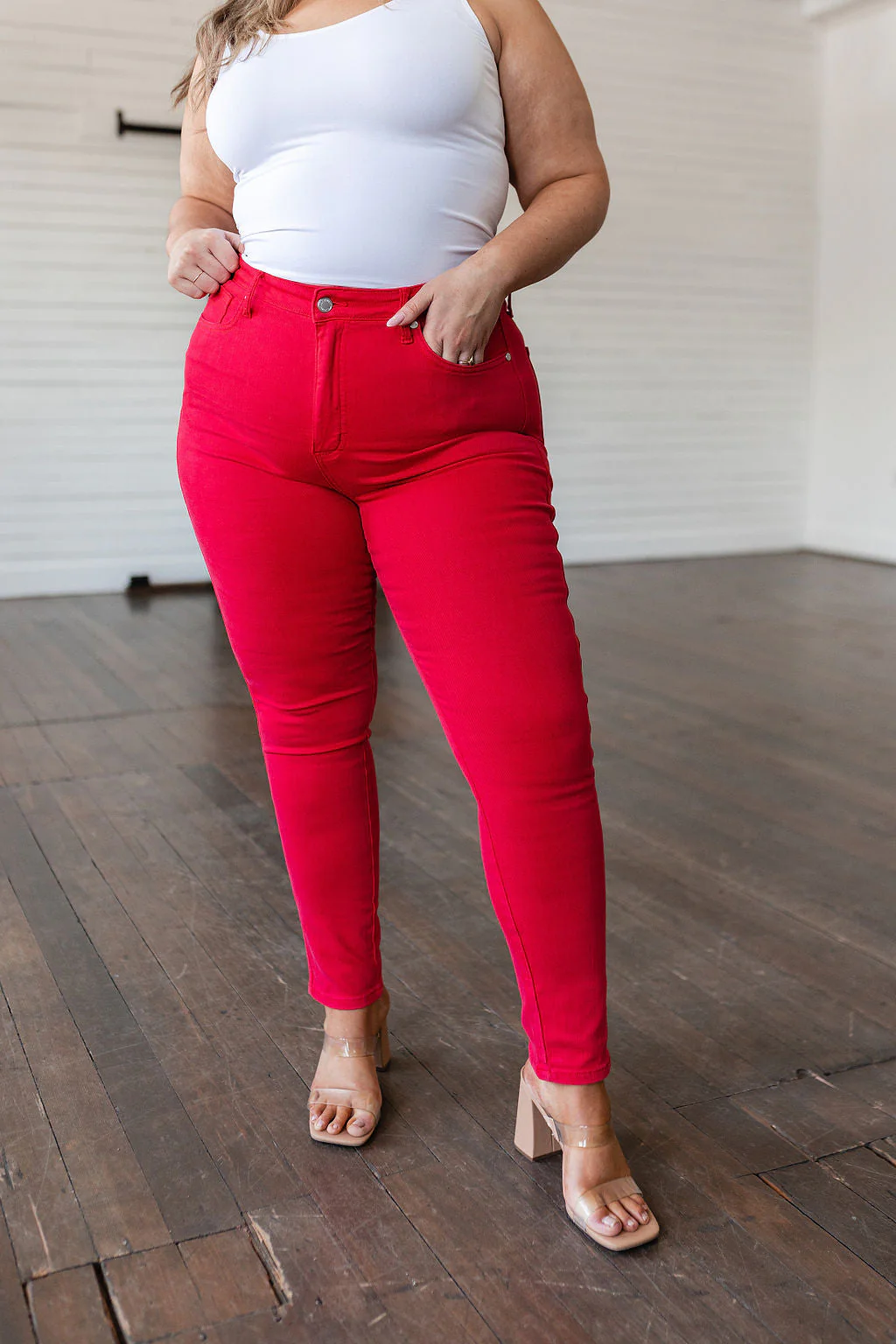 Blue Ruby High Rise Control Top Garment Dyed Skinny Jeans in Red