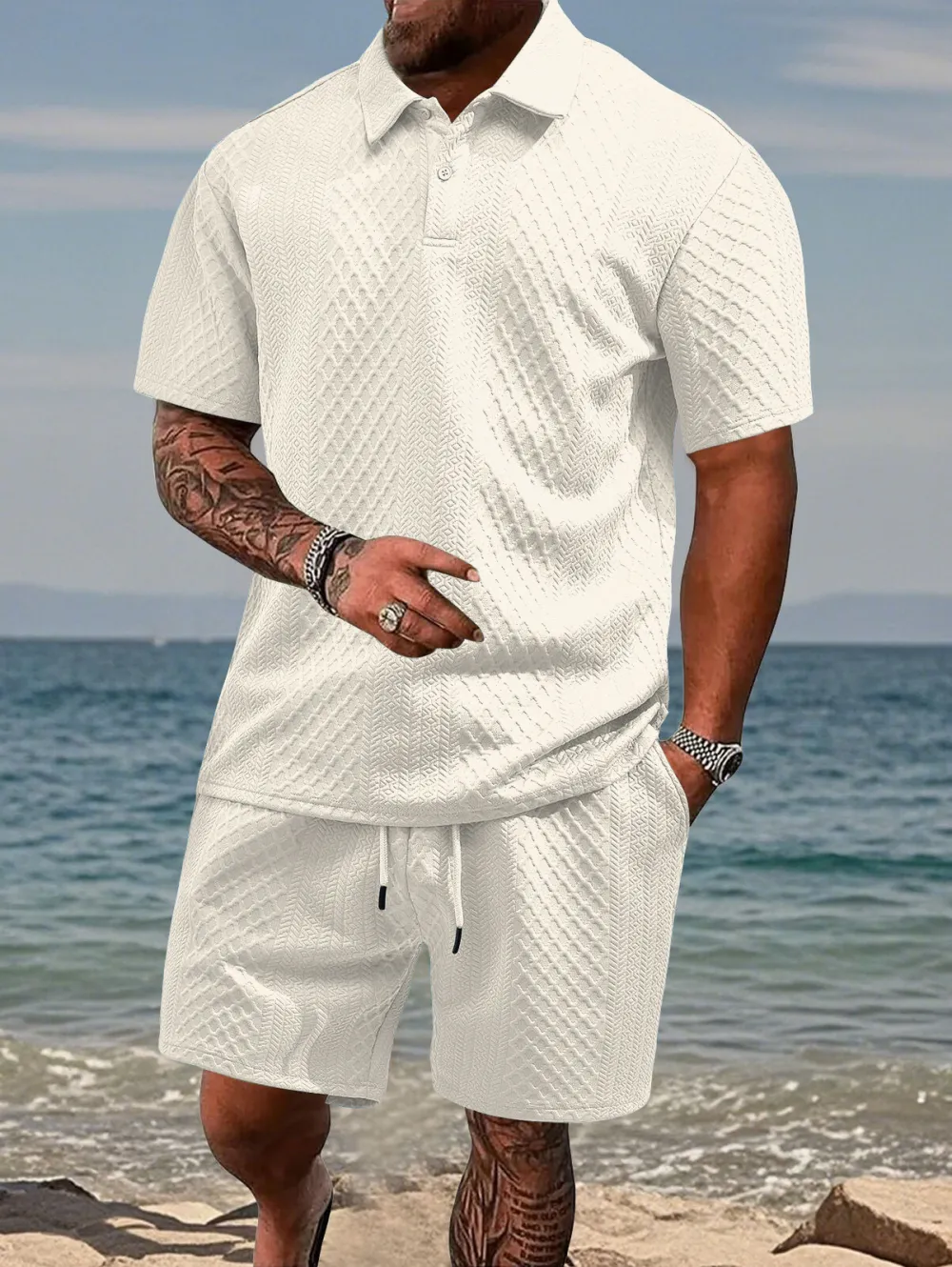 🔥Men's Solid Polo Shirt & Drawstring Waist Shorts Set, Cozy Breathable Two-piece Outfits for Daily Outdoor Wear, Men Clothes for Summer