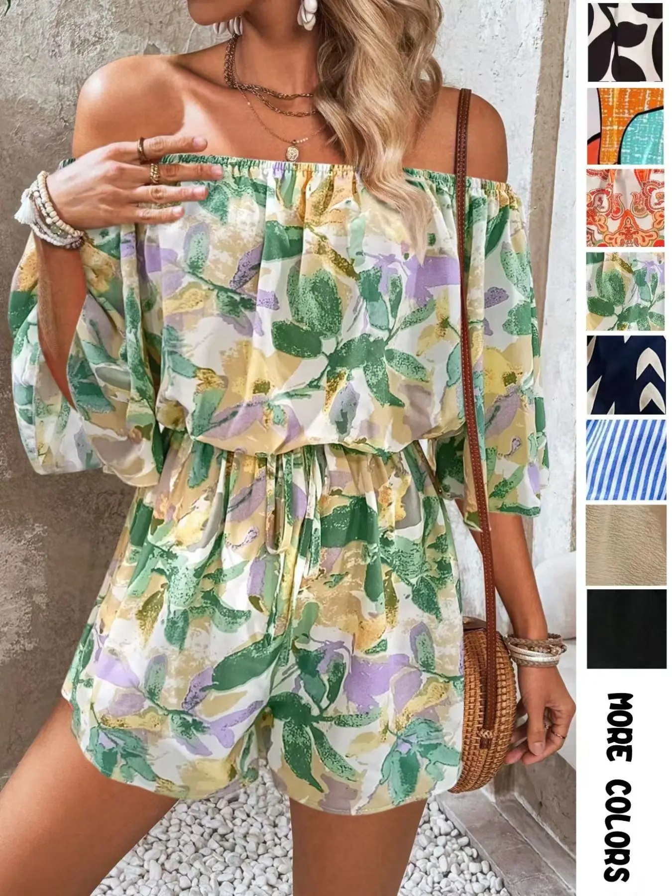 Women's Leaf Print Off Shoulder Tie Front Romper
