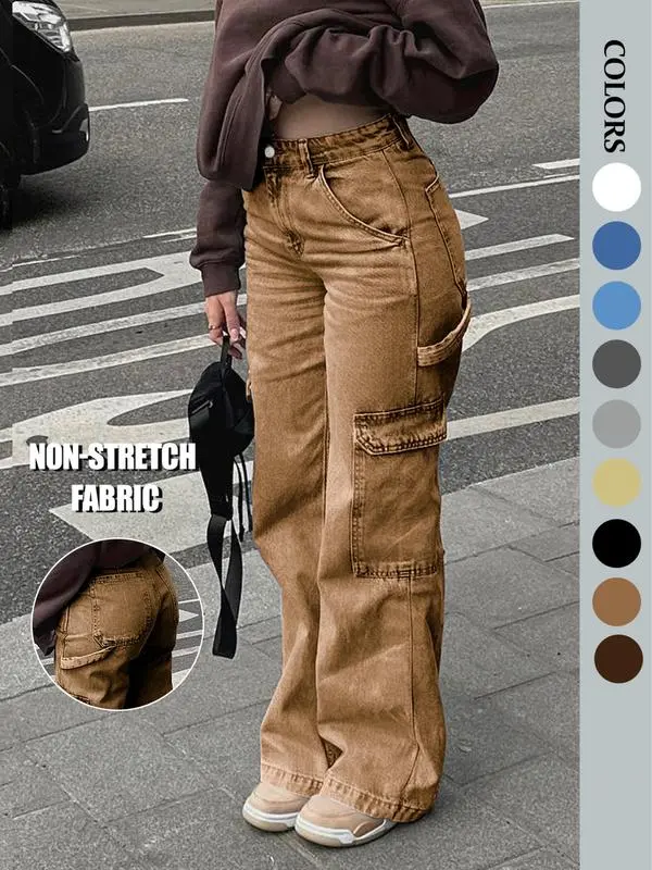 Women’s High-Waist Wide Leg Cargo Jeans with 6 Pockets