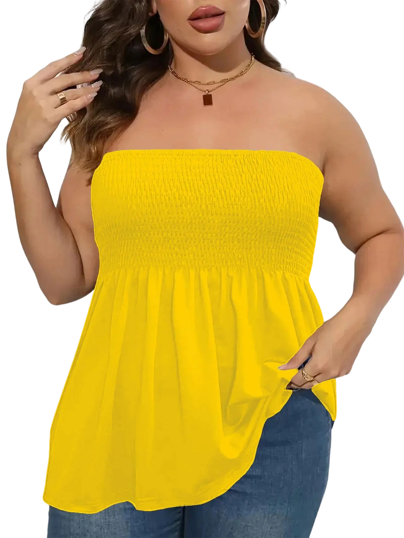 Women's n Strapless Top Plus Size Solid Ruffle Hem Shirred Tube Top