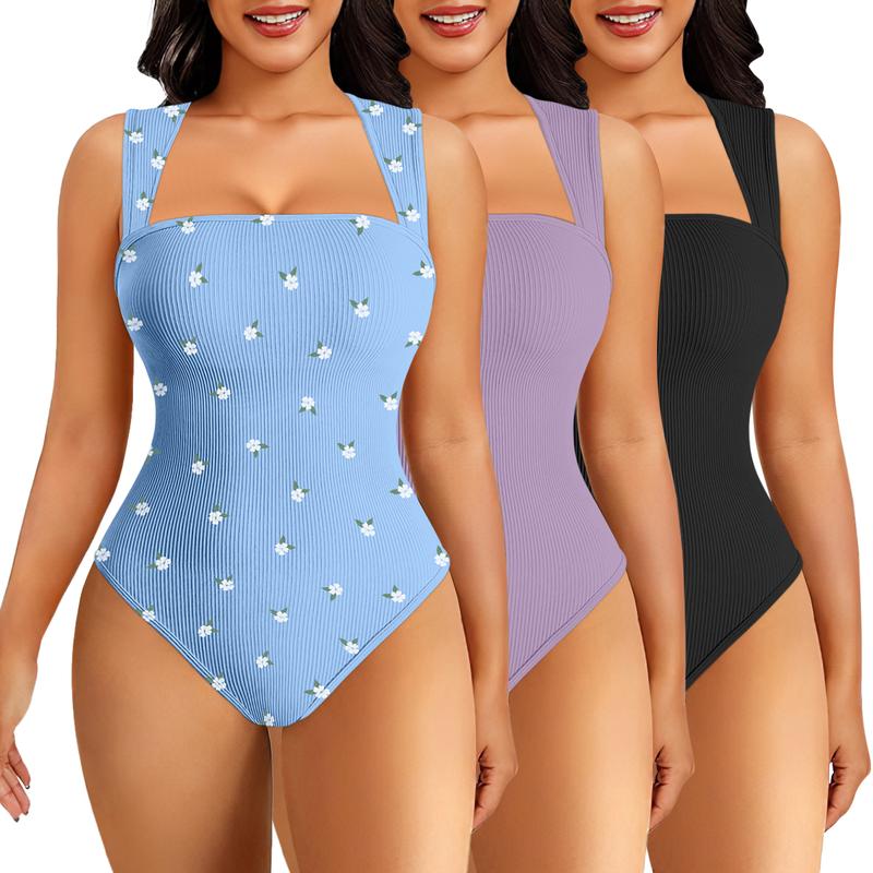 Women's Printed Bodysuit Set Ribbed Square Neck Sleeveless Stretchy Top Nylon Spandex Casual Chic Elegant Comfortable Vacation Style All Seasons