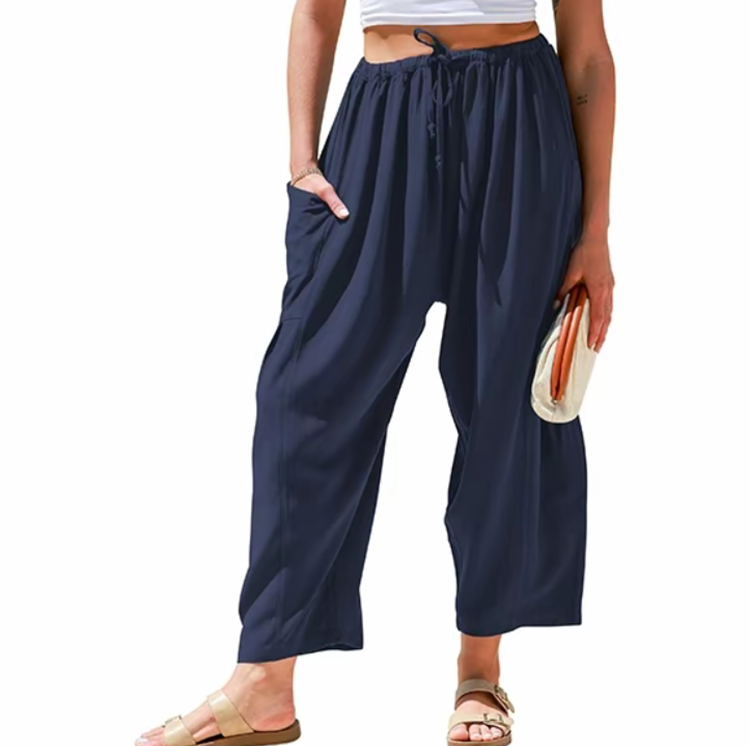 Women's Linen Casual Loose Fit Beach Palazzo Harem Trousers with Pockets