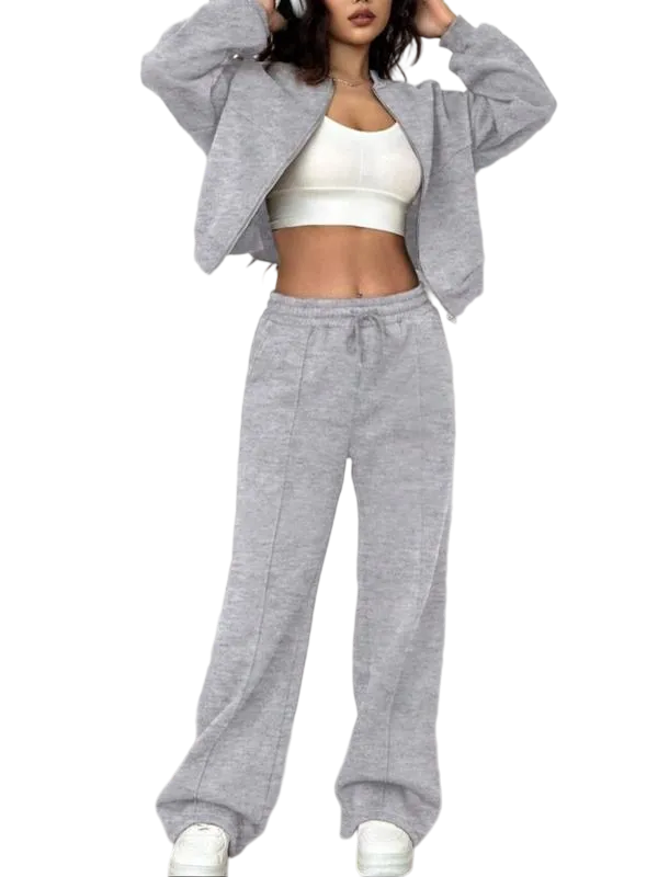 Two-piece Set Women's Solid Zip Up Drop Shoulder Jacket & Pocket Elastic Waist Pants
