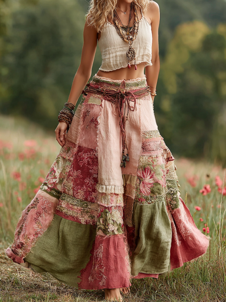 Vintage Boho Rose Floral Patchwork Art Flowy Casual Linen Skirt