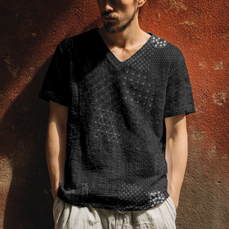 Men's Japanese Traditional Sashiko Art Linen T Shirt