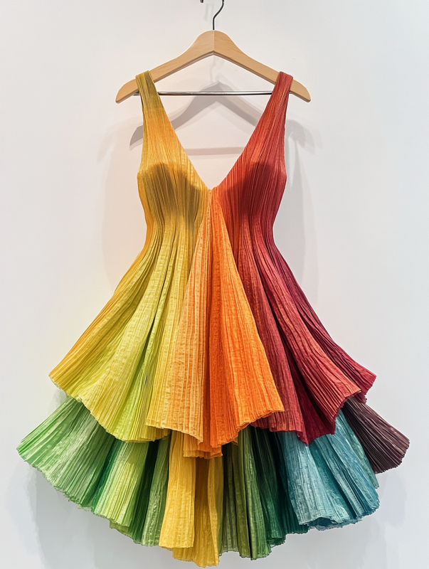 Contrast Rainbow Ruffle Chiffon Dress 3643