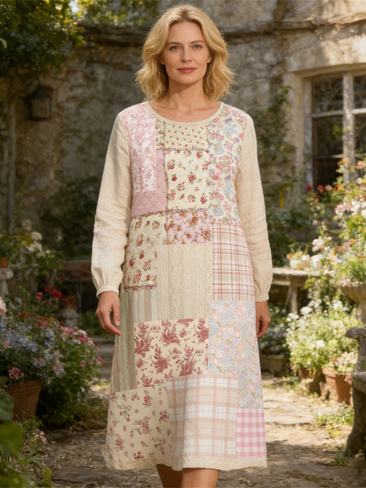 Rustic Floral Patchwork Art Women's Linen Long Sleeve Midi Dress