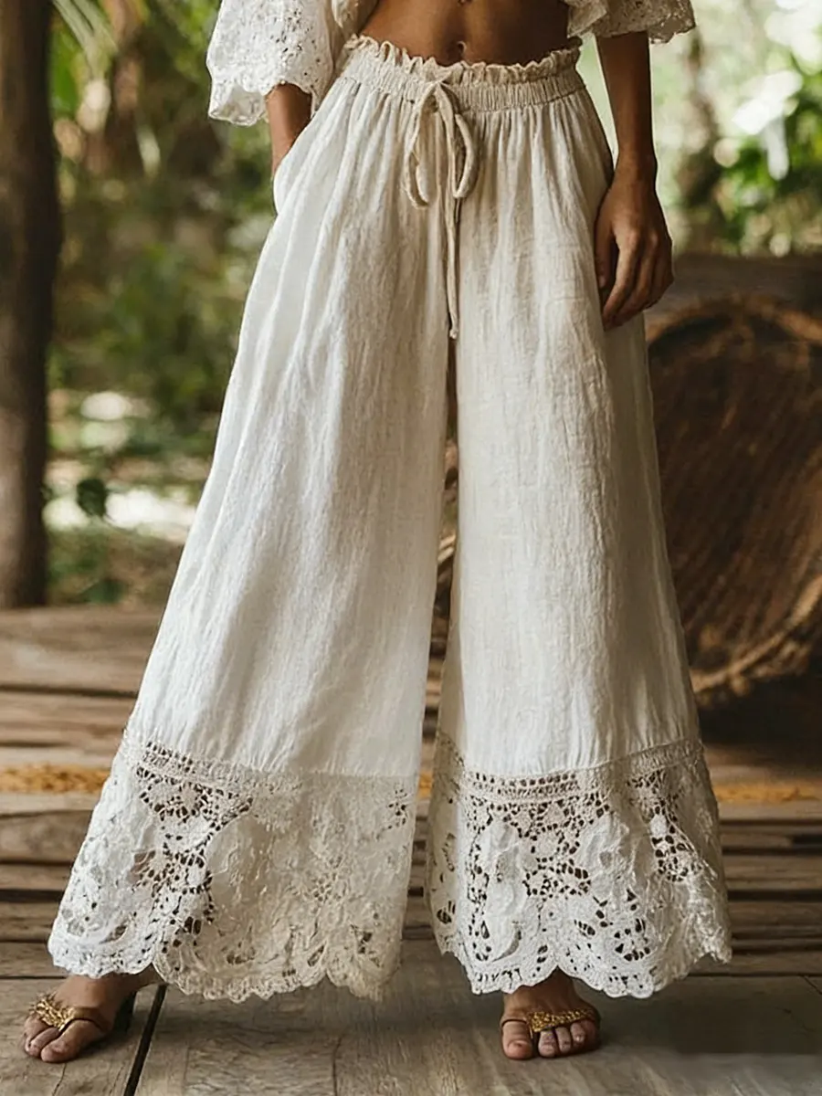 Women's Solid Color High-waisted Drawstring Wide-leg Pants With Cotton And Linen Lace Trim