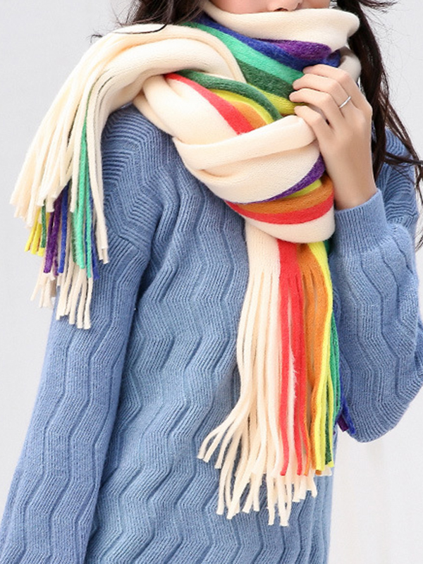 Contrast Color Keep Warm Multi-Colored Tasseled Scarf