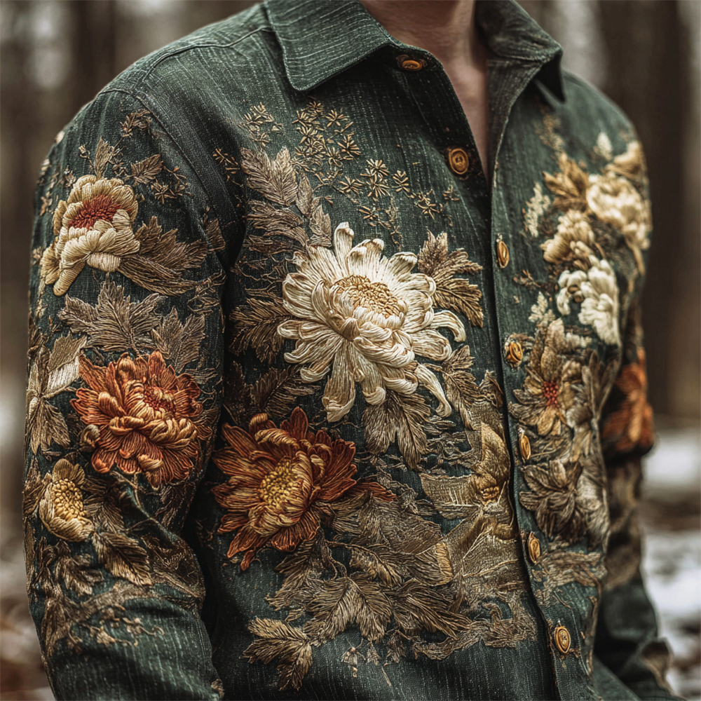 Vintage Japanese Chrysanthemum Embroidery Art Men's Linen Long Sleeve Shirt