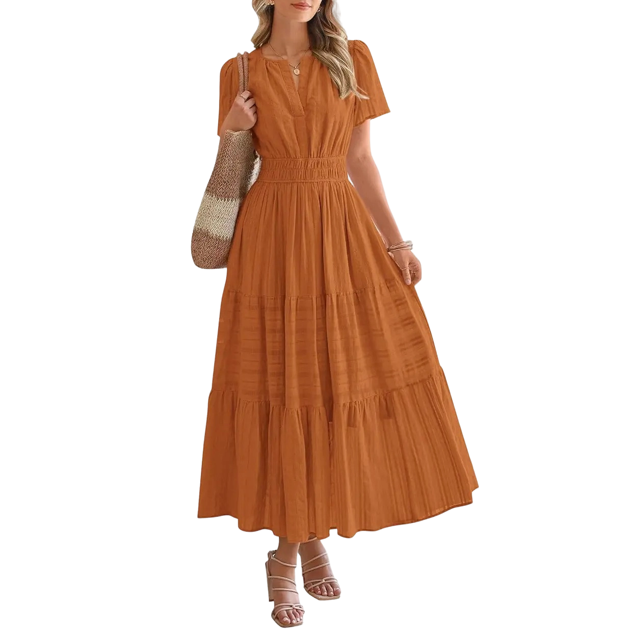 Women's Summer 2026 Casual Maxi Dress Lightweight Short Sleeve V Neck Boho Dress with Pockets