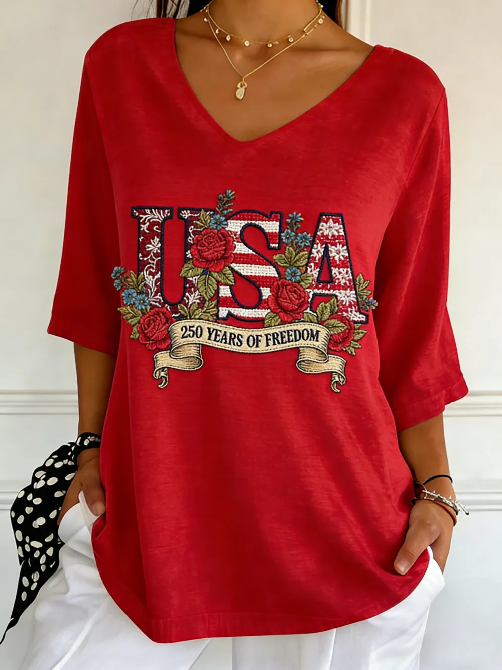 USA 250 Years Of Freedom Floral Embroidered V-Neck Top