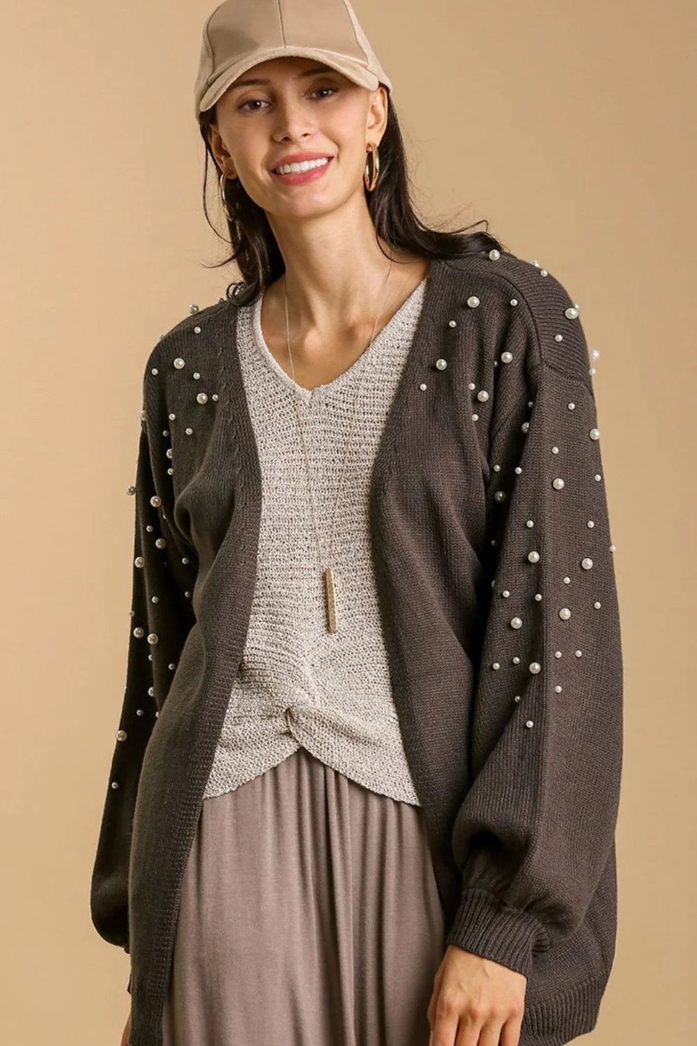 Elegant Open Front Cardigan with Long Sleeve Pearl Details Plus Size