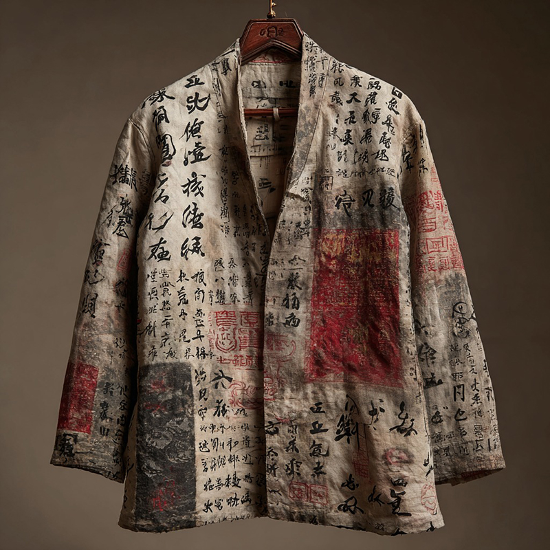 Retro Calligraphy Art Pattern Casual Linen Blend Kimono Cardigan