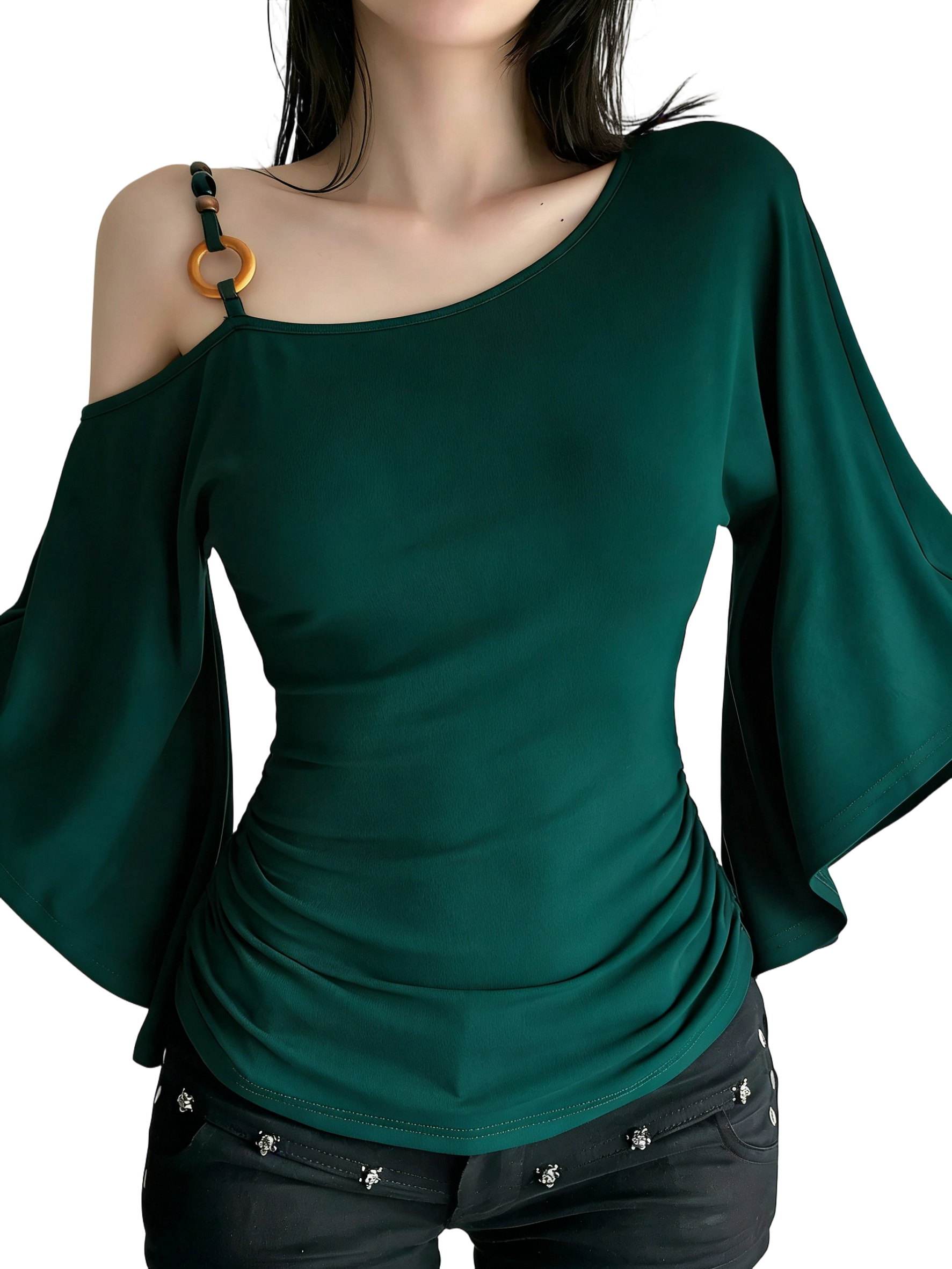 Women’s Retro Ethnic Beaded Asymmetrical Shoulder Flounce Sleeve Flared Top