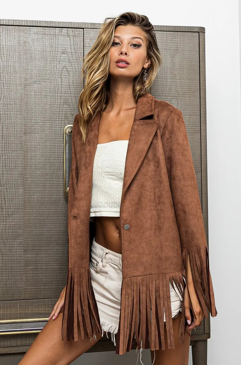 Suede Single Blazer with Fringed Hem
