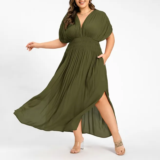 Plus Size Summer V-Neck Batwing Sleeve Maxi Dress with Ruched Waist
