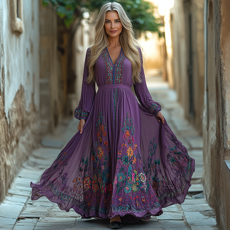 Ethnic Embroidery Vintage Casual Linen Dress 0f56