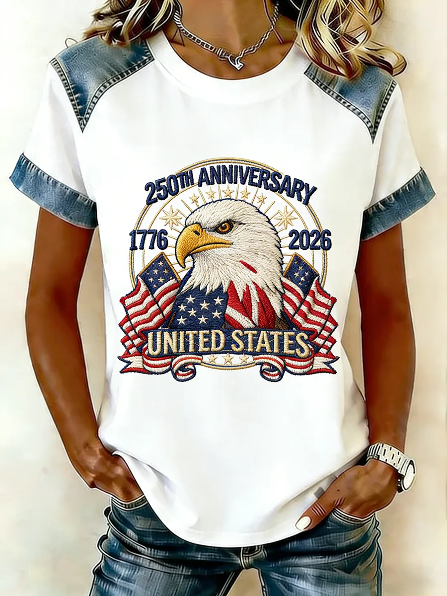 250th Anniversary United States Eagle Flag Embroidered Denim Raglan T-Shirt