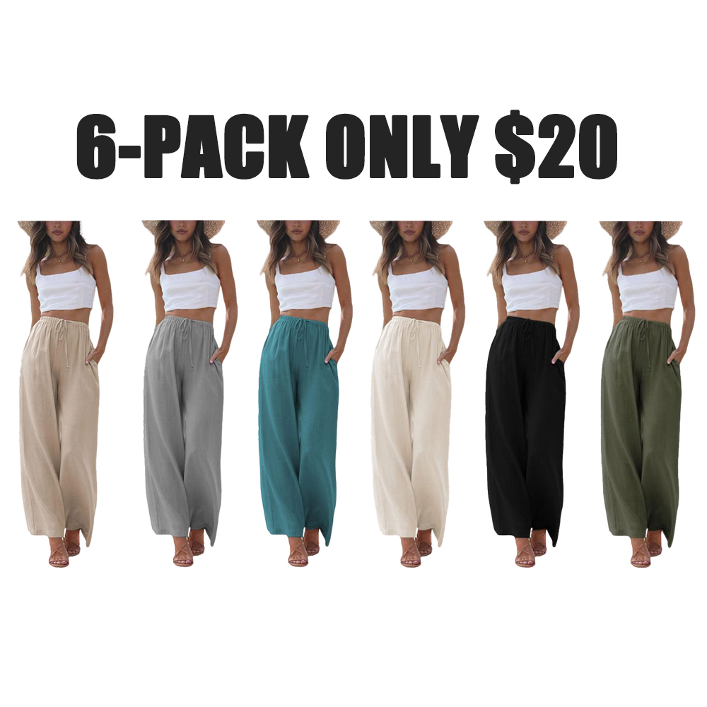 Women's Cotton Linen Summer Palazzo Pants Flowy Wide Leg Beach Trousers with Pockets Casual Womenswear