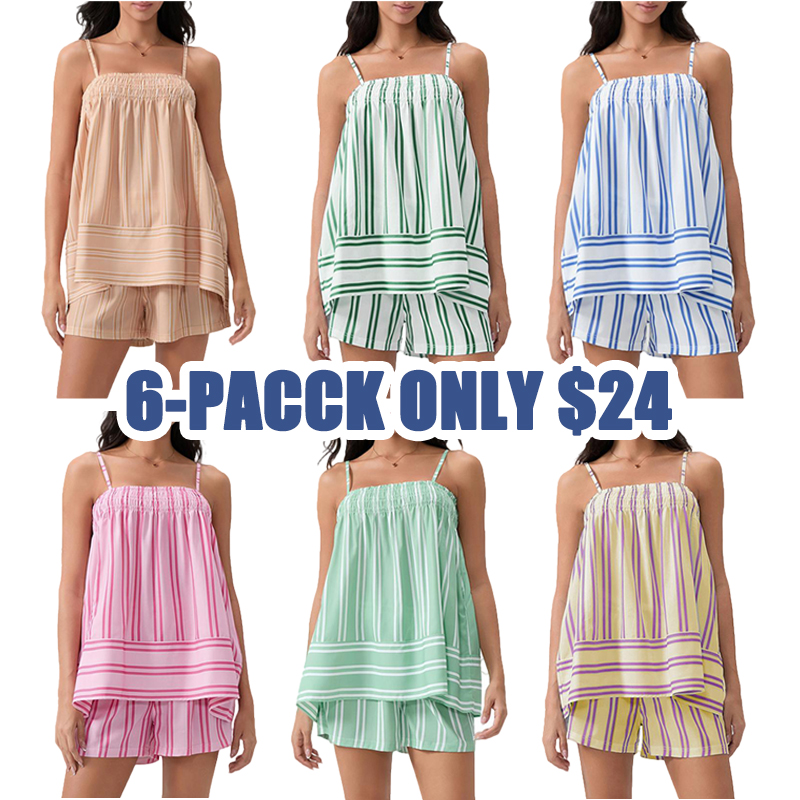 Outdoorfun Women Shorts Set, Striped Camisole with Elastic Waist Shorts Summer Outfit Sleeveless Fashion Womenswear Gorgeous Tops Clothes
