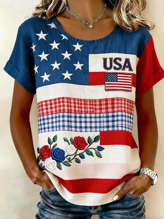 Women'S American Flower Imitation Fabric Patchwork Independence Day Commemorative Cotton Blend Short Sleeved T-Shirt