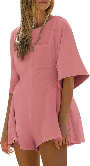 Women Spring Outfits Summer Casual Short Sleeve Crew Neck Loose Jumpsuits with Pocket