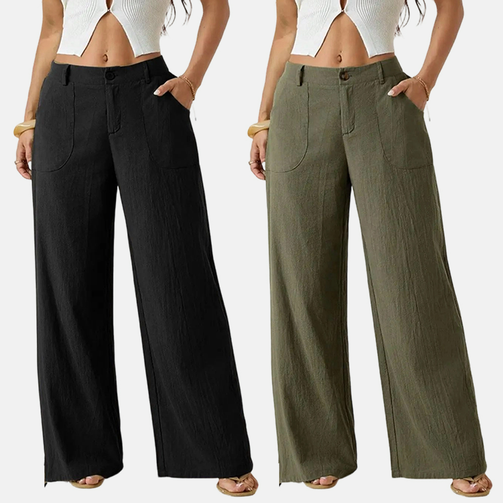 Women's Classical Linen Palazzo Pants Summer Flowy Wide Straight Leg Beach Trousers With Pocket