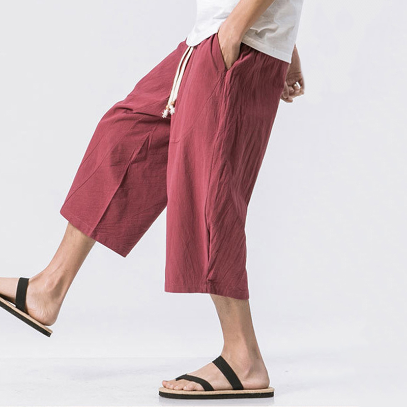 Men's Vintage Japanese Pocket Cotton Linen Casual Capri Pants