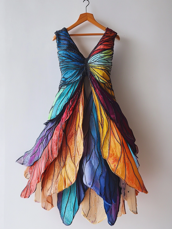 Summer Rainbow Butterfly Feather Embroidered Dress 140b