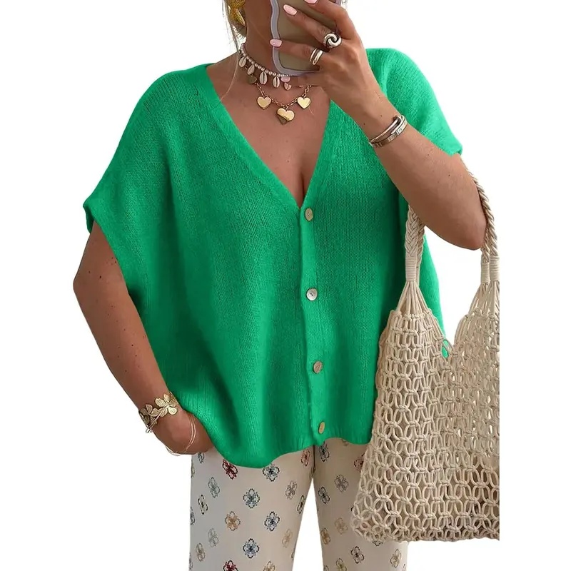 Womens Fall Oversized Cardigans Batwing Short Sleeve Lightweight Button V Neck Casual Knit Sweater Tops