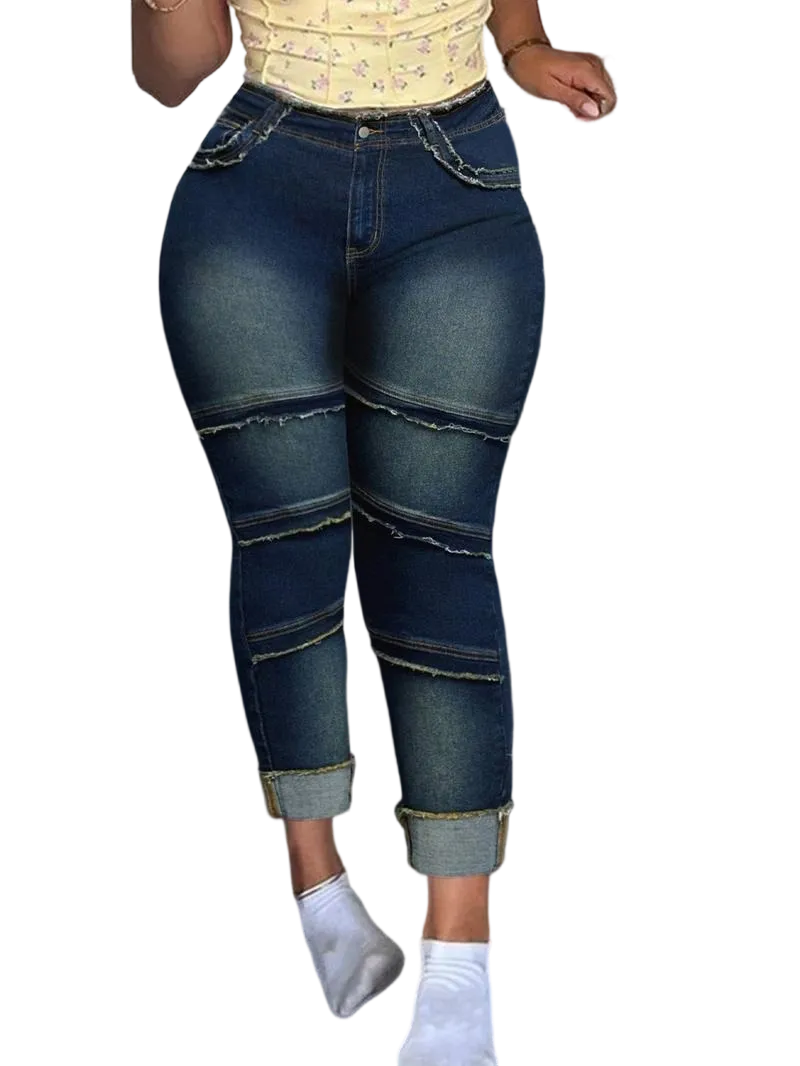 Raw Hem Pocket High Waisted Denim Jeans, Casual Comfy Slim-fitting Trousers for Daily Wear