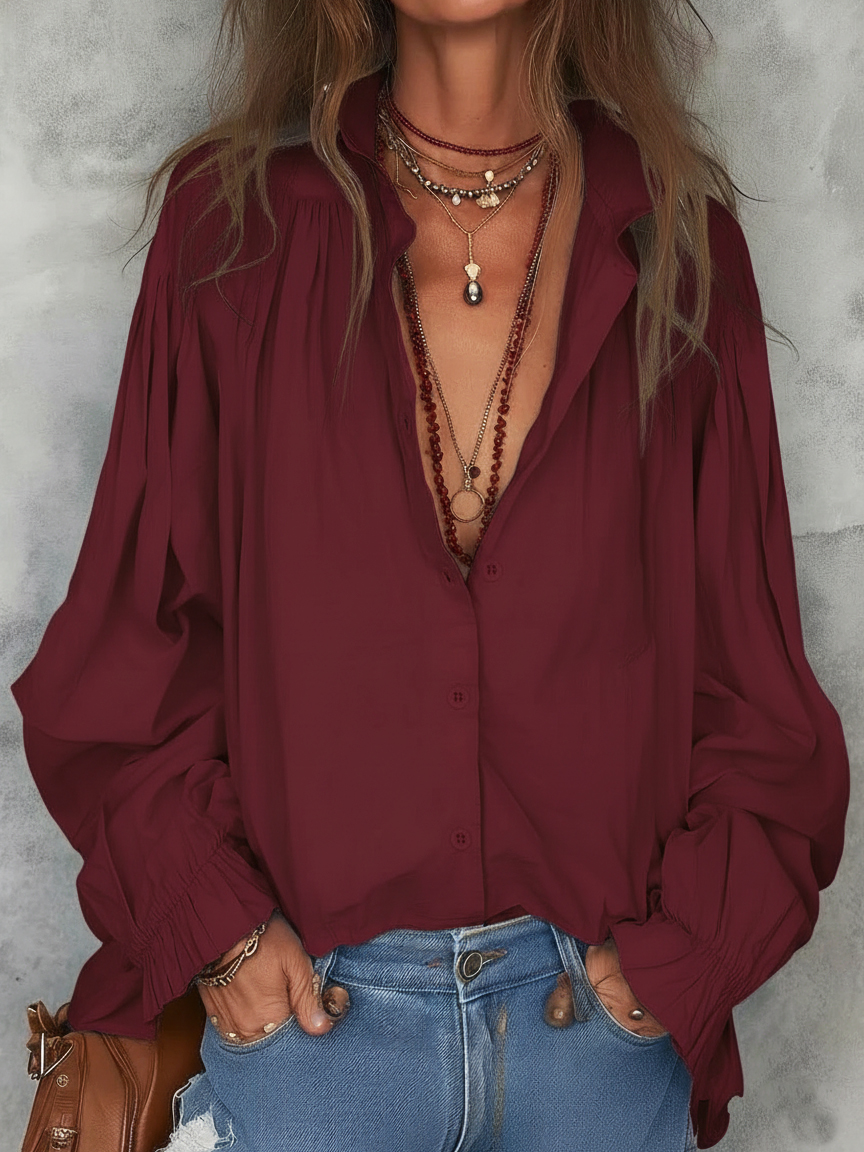 Minimalist Cozy Solid Color Stand Collar Cotton Blouse