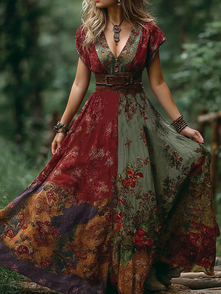 Bohemian Style Retro Floral Pattern Women's V-neck Dress