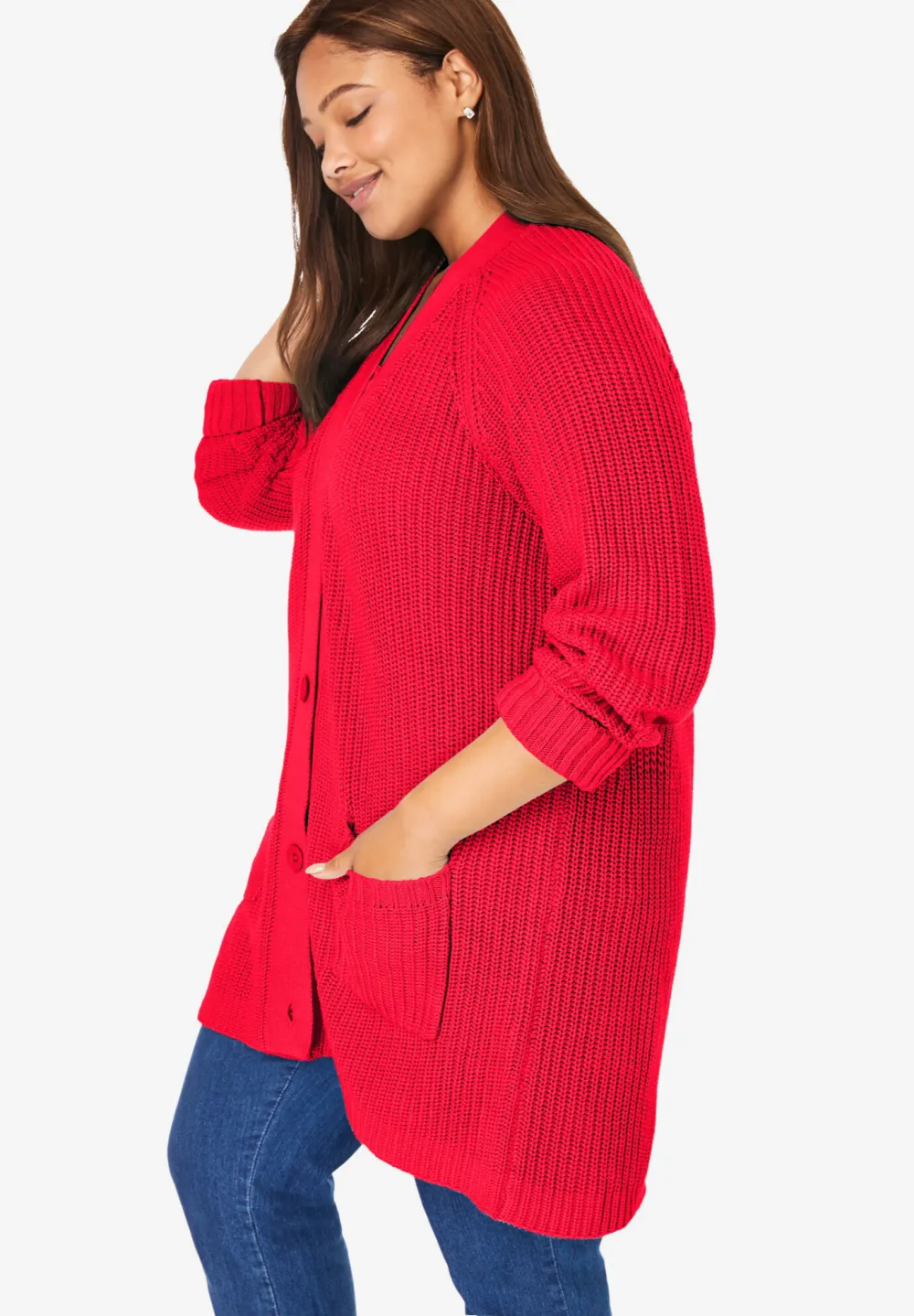 Button-Front Shaker Cardigan