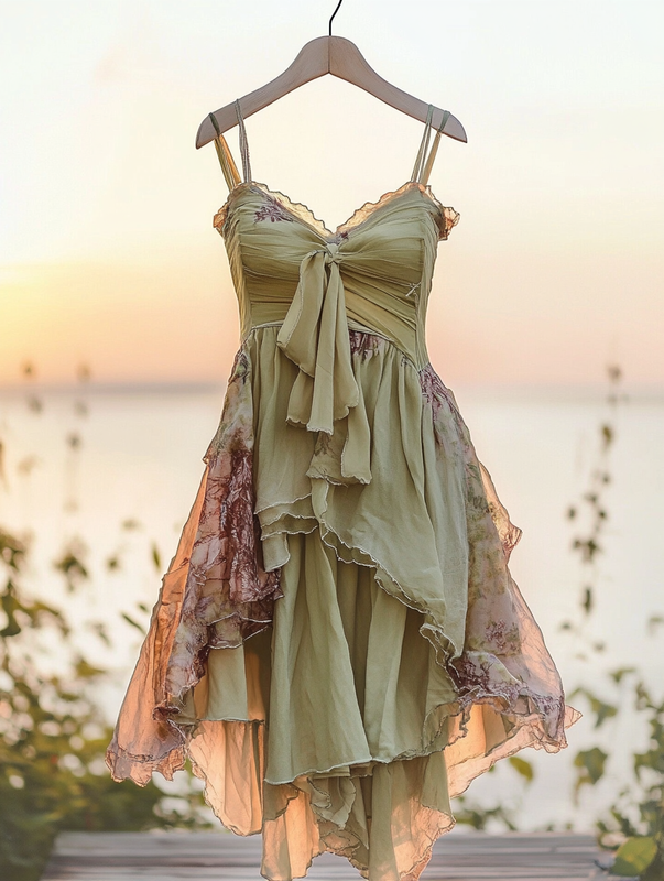 Asymmetrical dress with ruffles for vacation or daily wear 0907