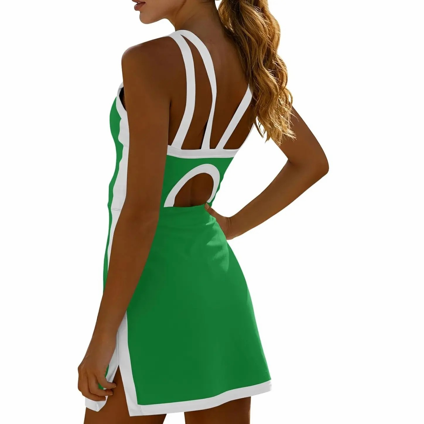 Women's sleeveless halter tennis dress with white piping, open back design, and stylish cutout details at the back