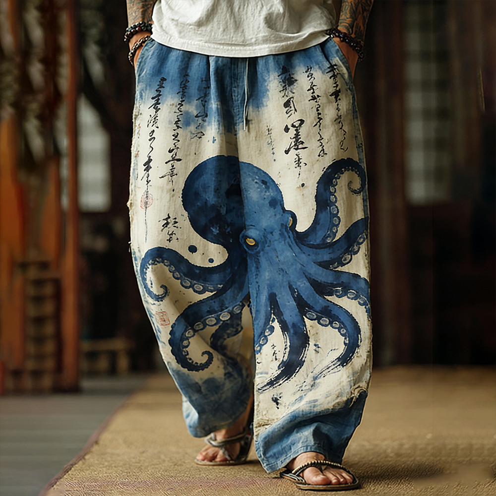Men's Japanese Art Octopus Art Font Tie-dye Pants