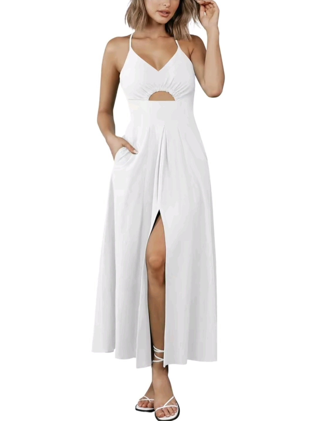 BTFBM Women's 2025 Summer Maxi Dress – Spaghetti Strap V-Neck Sleeveless Dress with Side Slit, Cutout Detail & Pockets | Casual Beach Party Outfit