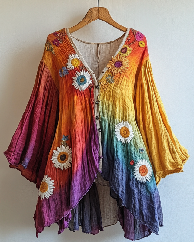 Summer Rainbow Gradient Daisy Embroidered Cardigan d537